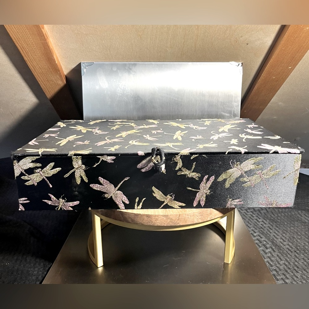 Vintage Asian Embroidered Dragonfly Silk Covered Box